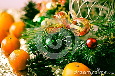 Christmas tree and decorations on wooden background. Stock Photo