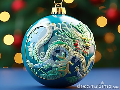 Christmas tree decorative blue ball with the image of terrible green eastern dragon, on a background of yellow shiny bokeh Stock Photo