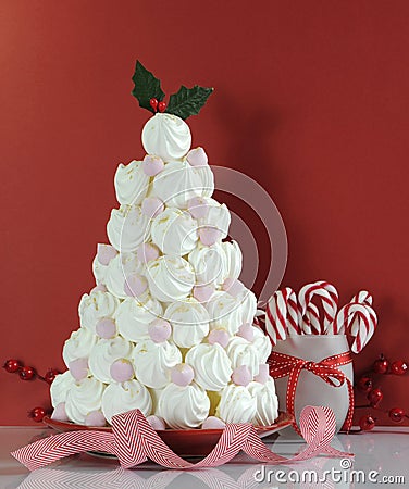 Christmas tree dessert treat made with pink and white meringues Stock Photo