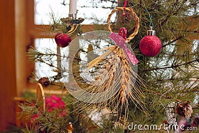 Christmas Tree Detail with Ornaments Stock Photo