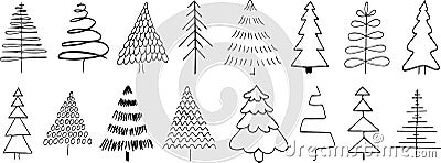 Christmas tree doodle outline vector icons set Cartoon Illustration