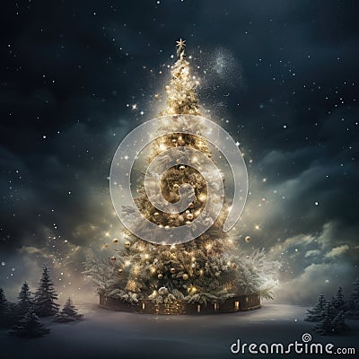Christmas tree in a dreamy magical winter background Stock Photo