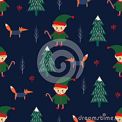 Christmas tree, elf with candy cane and fox seamless pattern on dark blue background. Vector Illustration