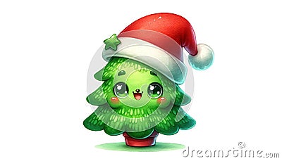 Christmas Tree excited Character in Santa Hat watercolor Illustration. A whimsical illustration of a cute Christmas tree character Cartoon Illustration