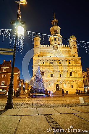 Christmas tree and facade of the Renaissance town hall Editorial Stock Photo