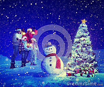 Christmas Tree Family Carol Snowman Concepts Stock Photo