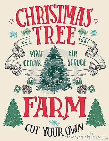 Christmas tree farm vintage sign Vector Illustration