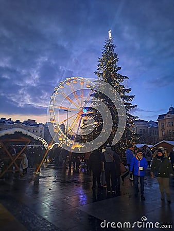 Christmas tree and Ferris wheel at the Christmas markets, Ostrava, Czech Republic Editorial Stock Photo
