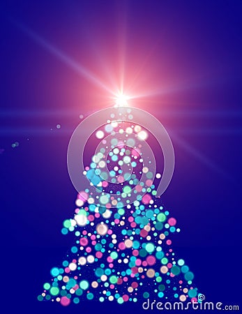 Christmas tree, fir with bright balls and huge shining star on top. Merry Christmas Stock Photo