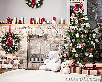 Christmas tree and fire-place Stock Photo