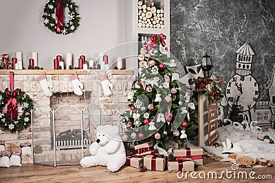 Christmas tree and fire-place Stock Photo