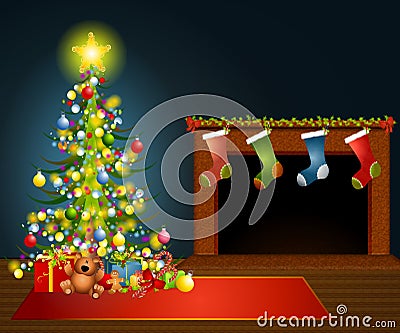 Christmas Tree Fireplace Cartoon Illustration