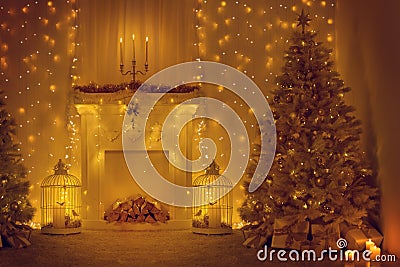 Christmas Tree and Fireplace, Decorated Xmas Home Room, Holiday Stock Photo
