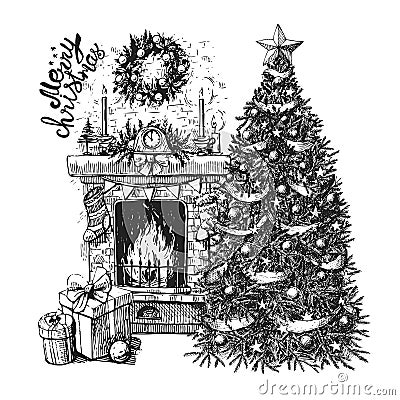 Christmas tree and fireplace Vector Illustration