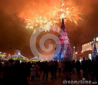 Christmas tree and fireworks Editorial Stock Photo