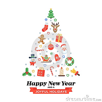 Christmas tree of flat seasonal pictograms with New Year inscription Vector Illustration