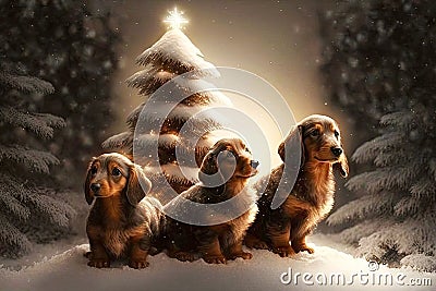 christmas tree forest with puppies dachshund dog Cartoon Illustration