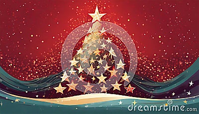 Christmas Tree formed from Stars - red christmas background illustration and vector Cartoon Illustration