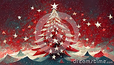 Christmas Tree formed from Stars - red christmas background illustration and vector Cartoon Illustration