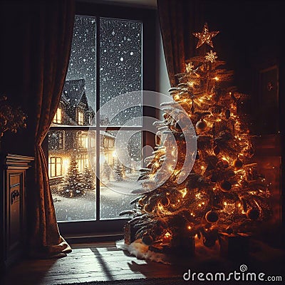 Christmas tree in front of a window in the living room Stock Photo