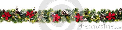 Christmas tree garland decorated with red christmas poinsettia flowers and shiny led lights, festive banner Stock Photo