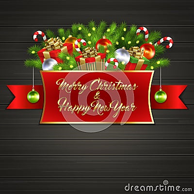 Christmas tree, gift boxes, ball, candy, garland Vector Illustration