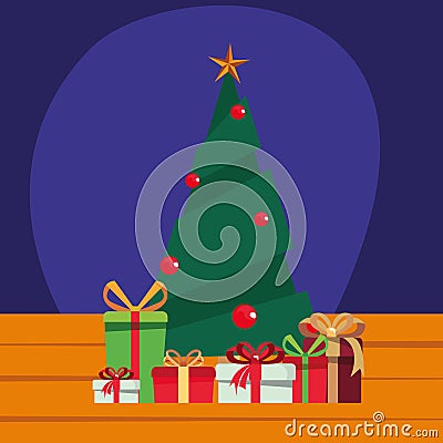 Christmas tree gift boxes wooden background Vector Illustration