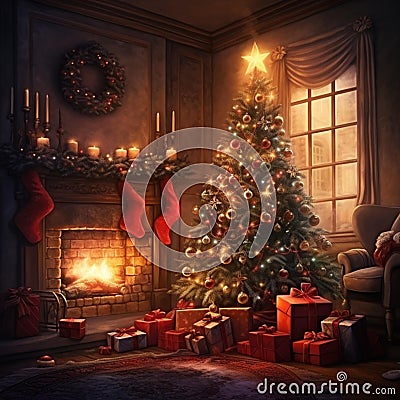 Christmas tree, gift , livingroom, Fireplace - 1 Stock Photo