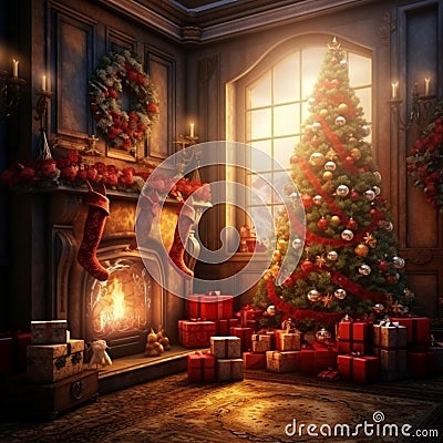 Christmas tree, gift , livingroom, Fireplace - 2 Stock Photo