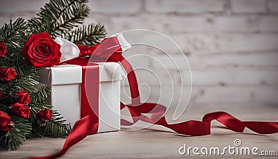 christmas tree with gifts A elegant Christmas with a white hanging garland and a red background. The garland is made of fir Stock Photo