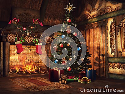 Christmas tree, gifts and a fireplace Stock Photo