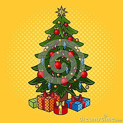 Christmas tree with gifts pinup pop art raster Cartoon Illustration