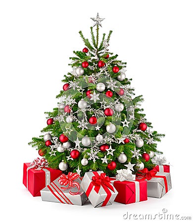 Christmas tree and gifts, in red and silver Stock Photo