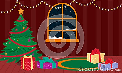 Christmas tree with gifts in a room with a dark window. Vector illustration Vector Illustration