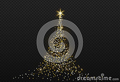 Christmas tree gold bokeh glitter particles isolate on png or transparent background with sparkling snow, star light fo , New Vector Illustration