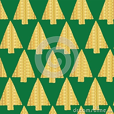 Christmas tree Gold foil seamless vector pattern backdrop. Shiny golden textured triangle Christmas trees on green background. Vector Illustration