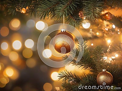 Christmas tree with golden Christmas balls on a blure bokeh background Stock Photo