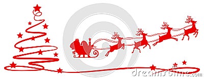 Christmas tree hand drawn with flyin Santa Claus and stars in red color - vector Vector Illustration