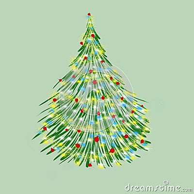 Christmas tree.Hand drawn green trees in blue, red and yellow garlands on a white background. Simple illustration of a Christmas Cartoon Illustration