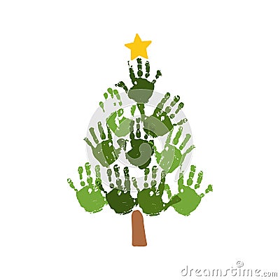 Christmas tree of handprints with yellow star. Watercolor acrylic kids Christmas art. Children Christmas crafts. Family Vector Illustration