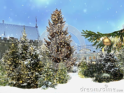 Christmas tree and branch with golden confetti illuminated holiday bazar city decoration white fluffy snow fall medieval tow Stock Photo