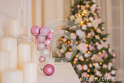 Christmas Tree Interior, Xmas Fireplace in Pink Decorated Indoors, Fantasy living room for christmas.Pink and silver Stock Photo