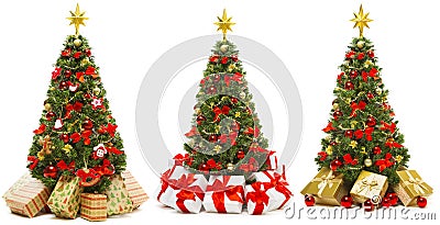 Christmas Tree Isolated on White, Set of Decorated Xmas Tree with Present Gift Boxes Stock Photo