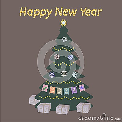 New Year card - Christmas Tree with Joyful Happy New Year Wish Stock Photo