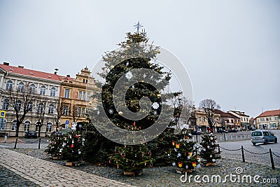 Christmas tree at Karlovo namesti town square in Roudnice nad Labem, Central Bohemia, Czech Republic Editorial Stock Photo