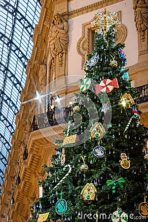 Christmas tree and lights in Milano Piazza Duomo Editorial Stock Photo