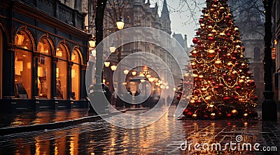 Christmas Tree and Lights at Night Street extreme closeup. Generative AI Stock Photo