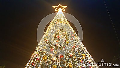 Christmas tree lights up beautifully. Stock Photo