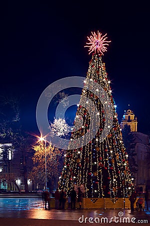 Christmas tree with lights in Vilnius Lithuania Stock Photo