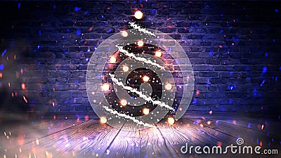 Christmas tree with lights on the wooden floor, lights, lights, lights, glare, smoke. Stock Photo